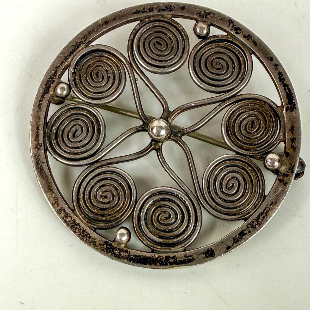 Julius Klagenborg Denmark Sterling Silver Open Scrollwork Flower Brooch